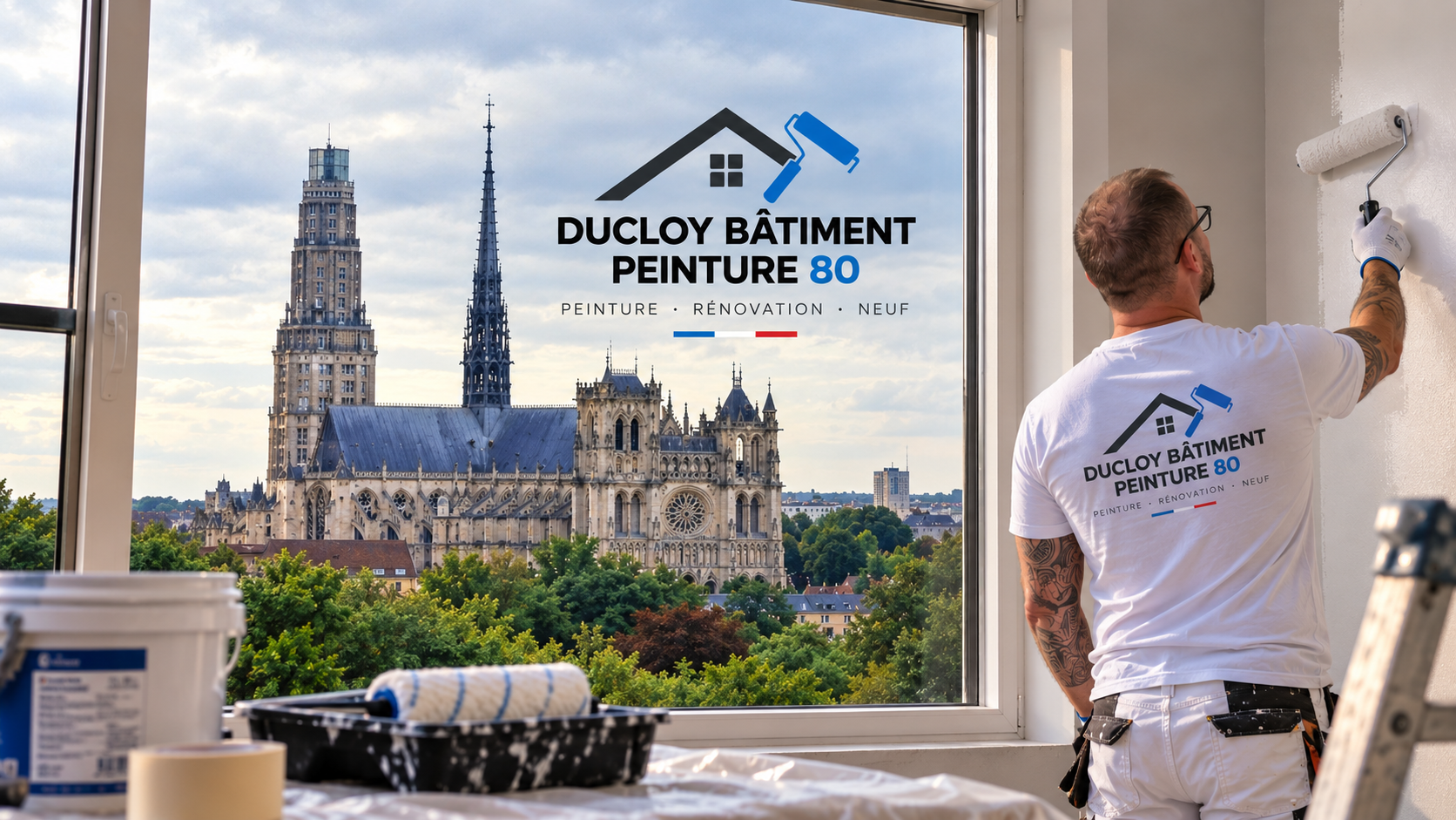 Illustration de l’identité Ducloy Bâtiment Peinture 80 et d’un peintre dans un intérieur