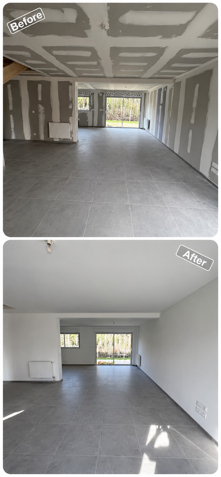 Murs et plafond blancs : avant et après peinture